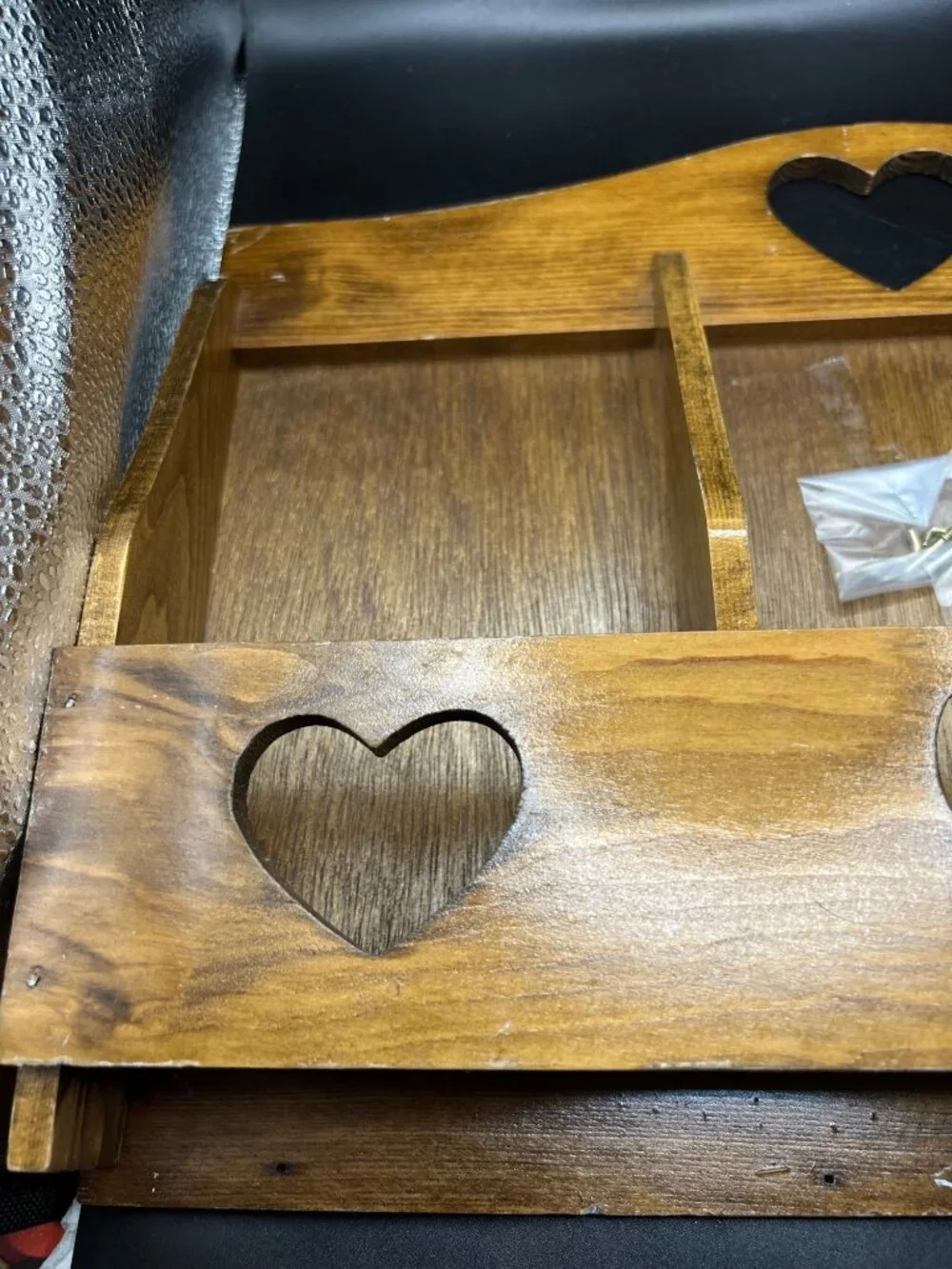 Handmade VTG Wooden Wall Shelf Heart Cutouts Compartments Key Hooks Farmhouse Ru